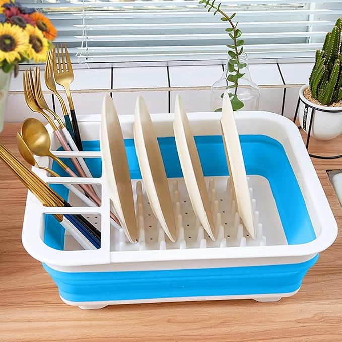 Collapsible Dish Rack Foldable Dish Drying Rack Portable Dish Drainer Dinnerware Organizer Rack Folding Tableware Storage Rack Cutlery Rack for Kitchen Counter RV Camper Accessories (Blue)