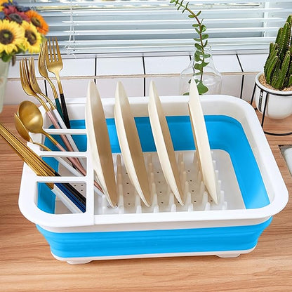Collapsible Dish Rack Foldable Dish Drying Rack Portable Dish Drainer Dinnerware Organizer Rack Folding Tableware Storage Rack Cutlery Rack for Kitchen Counter RV Camper Accessories (Blue)