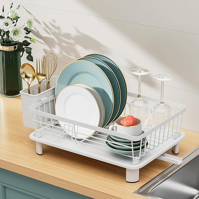 BULIJUJU Small Dish Drying Rack, Space Saving Dish Racks for Kitchen Counter, Kitchen Organizer Dish Drainer with Cutlery Holder for Spoons and Forks, 11''W x 15''L, White