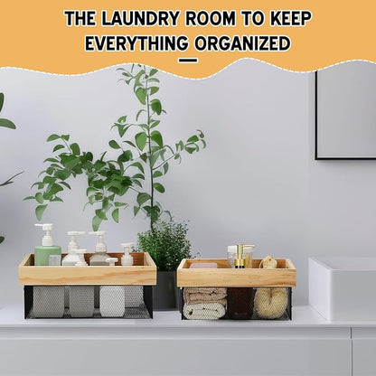 Honeydak 3 Pcs Metal Wire Baskets Stackable Wooden Countertop Baskets for Kitchen Large Wooden Storage Organizer for Pantry Farmhouse Decor Mesh Storage Organizer Bins for Laundry Room Bathroom Closet