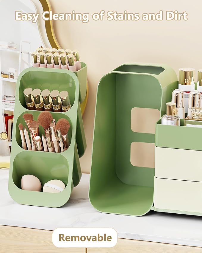 Anylady Makeup Organizer with Drawers, Skincare Organizer (Large Size Thick), Storage Box Cosmetic Display Cases, Make up Organizers for Vanity, Dresser, Desk, Kitchen, Countertop (green)