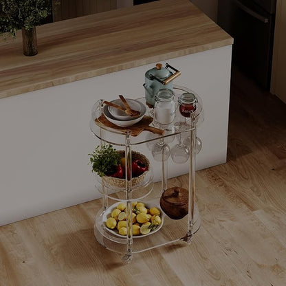 HMYHUM Acrylic Bar Cart with 4 Lockable Wheels, Clear Home Beverage Cart with Glass Holder, 3-Tier Rolling Serving Cart for Kitchen, Dining Room, Modern, Oval, 15''D x 23.6''W x 32.3''H