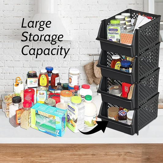 TidyFriend Stackable Storage Bins for Pantry Organizers and Storage 4 Pack, Pantry Storage for Food, Kitchen and Home Organization (Black)