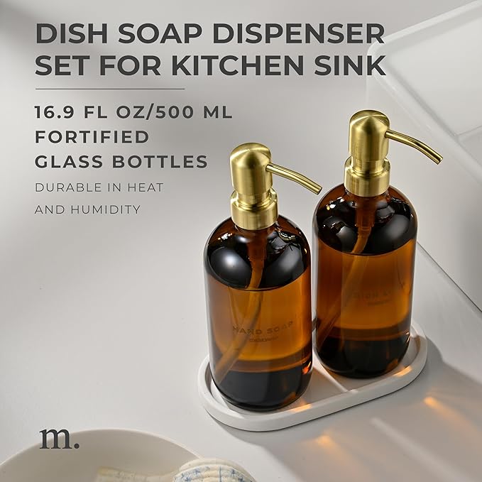 MaisoNovo Soap Dispenser 3-Piece Set | 16.9oz Amber Bottles with Gold Stainless Steel Pump Core