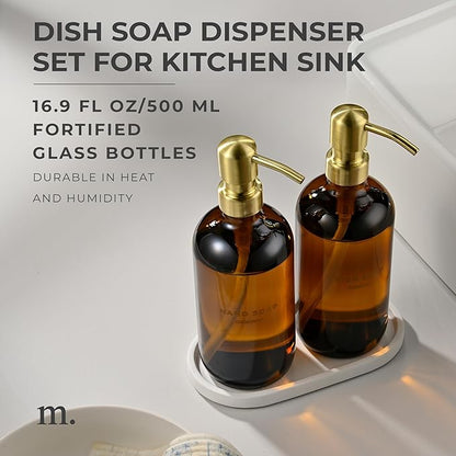 MaisoNovo Soap Dispenser 3-Piece Set | 16.9oz Amber Bottles with Gold Stainless Steel Pump Core