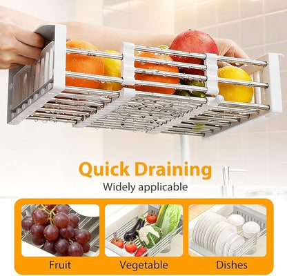 Extend Kitchen Sink Drain Basket, Adjustable & Expandable Stainless Steel Dish Drainers for Kitchen Counter, Portable & Telescopic Space-Saving Solution for Fruit Vegetable