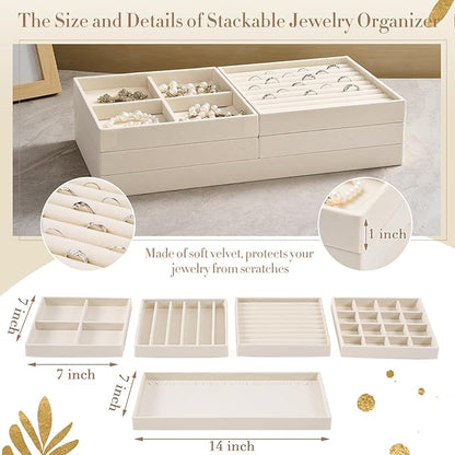 Set of 10 Stackable Jewelry Organizer Trays for Drawer 14 Inch Velvet Jewelry Drawer Insert Display Storage with Removable Divider for Necklace Earring Ring Watch Bracelet (Beige)