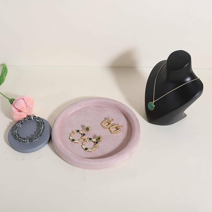GemeShou Round Jewelry Organizer Plate, Top Microfiber Velvet Jewelry Display Tray, Empty Jewelry Showcase Tray for Necklaces, Bracelets, Rings, Earrings (Pink-Medium, 7.9 x 7.9 in)