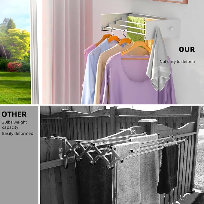 Upgrade Laundry Drying Rack, 23.6" Drying Rack Clothing Wall Mounted,Foldable, 4 Aluminum Rods with 4 Hooks, Space-Saving White Collapsible Drying Racks Hanger for Laundry Bathroom