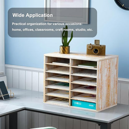 PAG Countertop Mail Sorter Organizer, Wooden Literature Organizer, Student Mailbox for Classroom, Desktop Bill Organizer for Office Home School, 12 Compartments, Retro White