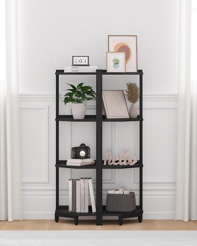 Corner Shelf Stand, Corner Bookshelf, Storage Standing Shelf Unit with Metal Frame, Plant Stand, Corner Bookcase for Living Room, Home Office, Bedroom, 4-Tier Black CS05806B