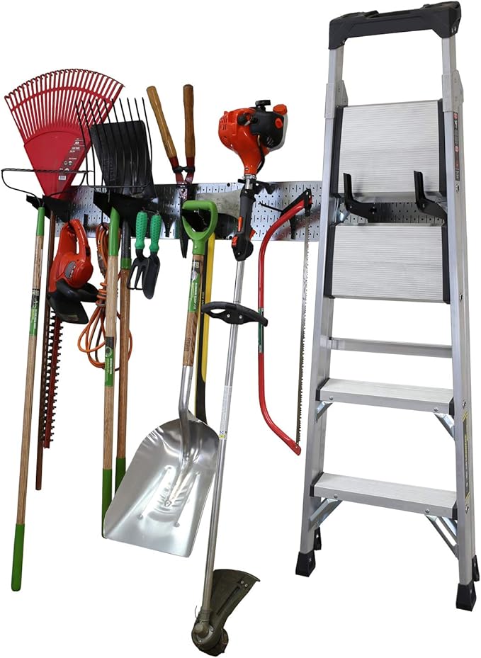 Wall Control Garage Storage Rack Lawn & Garden Tool Organization Wall Mount Organizer - Easy to Install 64" Wide Strong Galvanized Steel Pegboard Set (Shiny Metallic Pegboard)