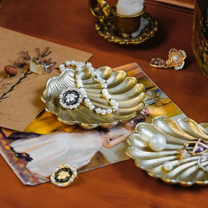 NIKKY HOME Vintage Gold Ring Holder Jewelry Dish Set of 2, Shell Shaped Trinket Display Decorative Metal Tray Classy Birthday Christmas Gifts for Women