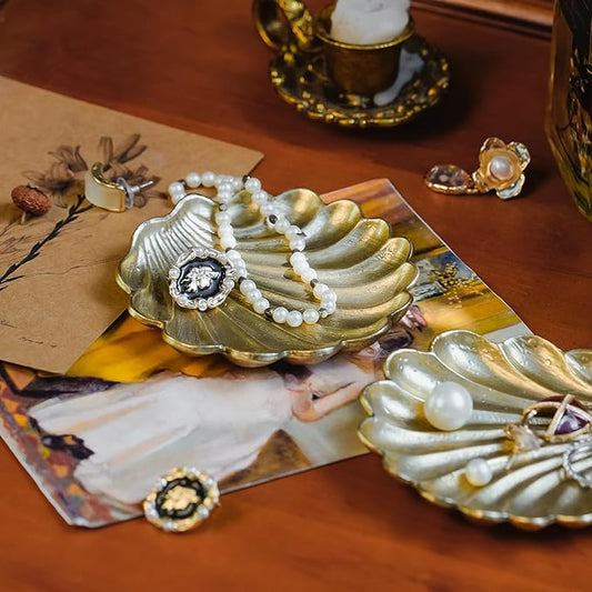 NIKKY HOME Vintage Gold Ring Holder Jewelry Dish Set of 2, Shell Shaped Trinket Display Decorative Metal Tray Classy Birthday Christmas Gifts for Women