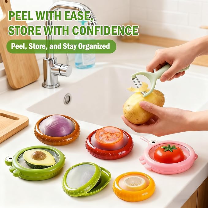 Set of 12 Fresh Food Containers with 2 Fruit Peeler, Fresh Pod, Reusable Silicone Storage Pods for Avocado, Onions, Tomatoes, Garlic – Freshness Seal for Fridge, Send Goods from Local Warehouse