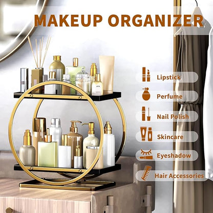 YIWANFW Makeup Organizer for Vanity, Black Gold Perfume Organizer for Dresser, 2-Tier Bathroom Countertop Organizers, Bathroom Counter Shelf Skincare Holder Perfume Tray Cosmetic Display