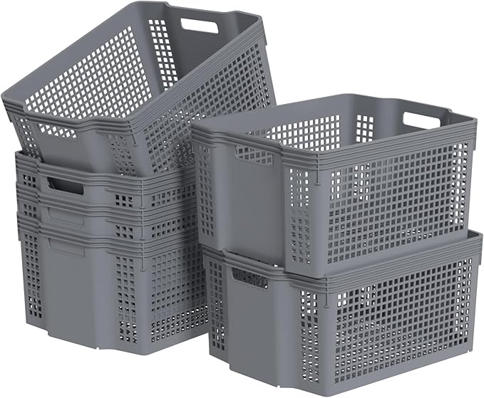 6 Packs Plastic Storage Baskets, Deep Stacking Baskets, Stackable Storage Basket Tray, Gray