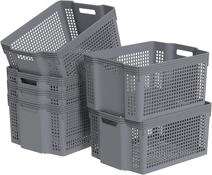 6 Packs Plastic Storage Baskets, Deep Stacking Baskets, Stackable Storage Basket Tray, Gray