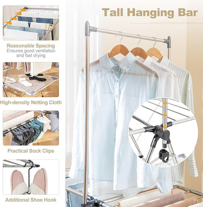 Tangkula Foldable Clothes Drying Rack, 2-Tier Laundry Drying Rack w/Tall Hanging Bar, Height Adjustable Gullwing, Freestanding Garment Stand for Indoor Outdoor Use