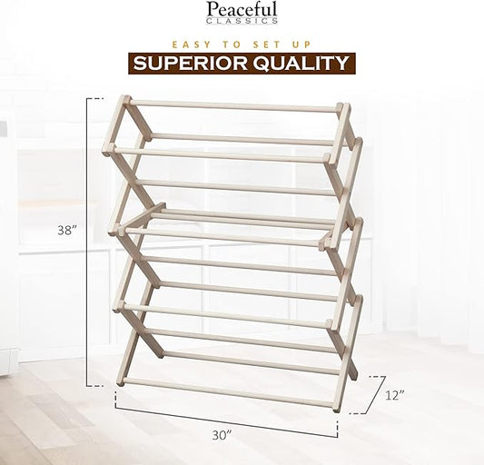 Peaceful Classics Wooden Laundry Rack - Amish Handmade Wooden Clothes Drying Rack - Foldable Drying Rack for Towel, Blanket, Linen Household Essentials - for Indoor Or Outdoor Use (38" x 30" x 13")