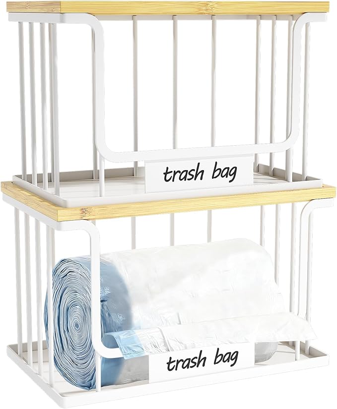 2 Pack Trash Bag Holder, Extra Large and Large Stackable Garbage Bag Dispenser Under Sink with Bamboo Top & Metal Base for Kitchen Countertop Storage, Laundry, Pantry Organizer (White, L+XL)