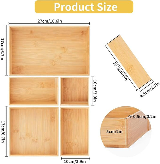 5PCS Bamboo Drawer Organizer with Adjustable Wood 2 Drawer Dividers, Stackable Makeup Desk Junk Storage Boxes Container Trays with 7 Grid for Kitchen Utensils,Bathroom, Office