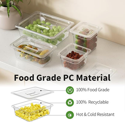 FORITRUE 1/2 4'' 6 Pack Plastic Food Pans With Lids, Clear Food Pan, Commercial Stackable Polycarbonate Freezer-Safe for Fruits Vegetables Restaurant Kitchen
