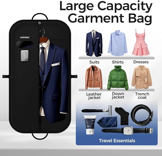 2 Pack 43" Garment Bag for Closet Storage and Travel, Tear-Resistant Waterproof Dustproof, Suit Bag for Hanging Clothes with Zippers and Pocket, Durable 600D Oxford Fabric for Suits, Dresses
