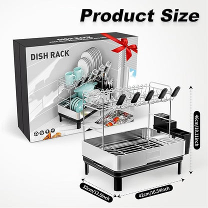 Ewaiira Dish Drying Rack, 2 Tier Large Dish Rack, Stainless Steel Dish Drainer for Kitchen Counter, Dishes Rack with Automatic Drainage, Utensil Holder,Cups Holder,Space Saving Kitchen Organizer,Black