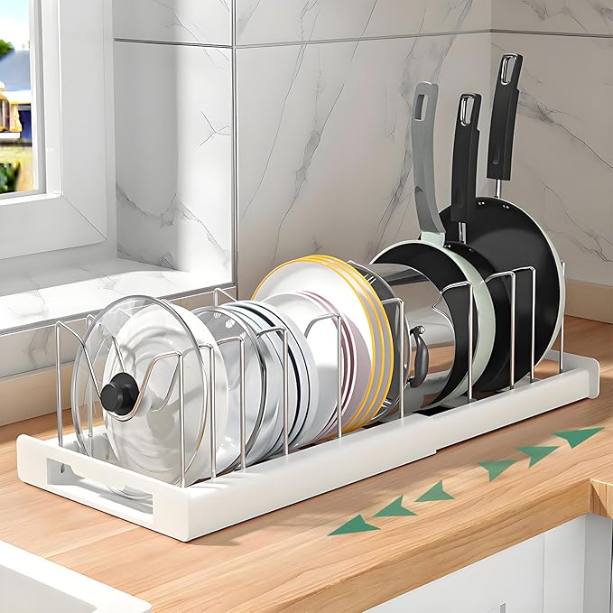 KXSGKRR Pot and Pan Organizer, Expandable Pots and Pans Organizer Under Cabinet, Pot Lid Holder with 10 Adjustable Compartment for Bakeware, Cutting Boards, Lid, Dishes, Cookware (1 Pcs)