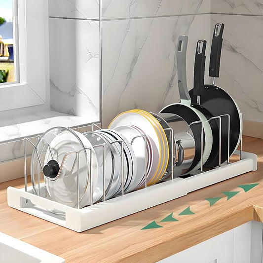 KXSGKRR Pot and Pan Organizer, Expandable Pots and Pans Organizer Under Cabinet, Pot Lid Holder with 10 Adjustable Compartment for Bakeware, Cutting Boards, Lid, Dishes, Cookware (1 Pcs)