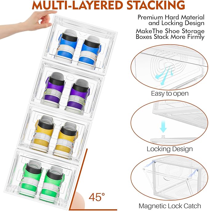 caktraie 6 Pack Thicken Shoe Organizer Stackable,Upgraded Sturdy Shoe Storage Box with Magnetic Door,Shoe Containers for Sneaker Display,White