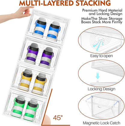 caktraie 6 Pack Thicken Shoe Organizer Stackable,Upgraded Sturdy Shoe Storage Box with Magnetic Door,Shoe Containers for Sneaker Display,White