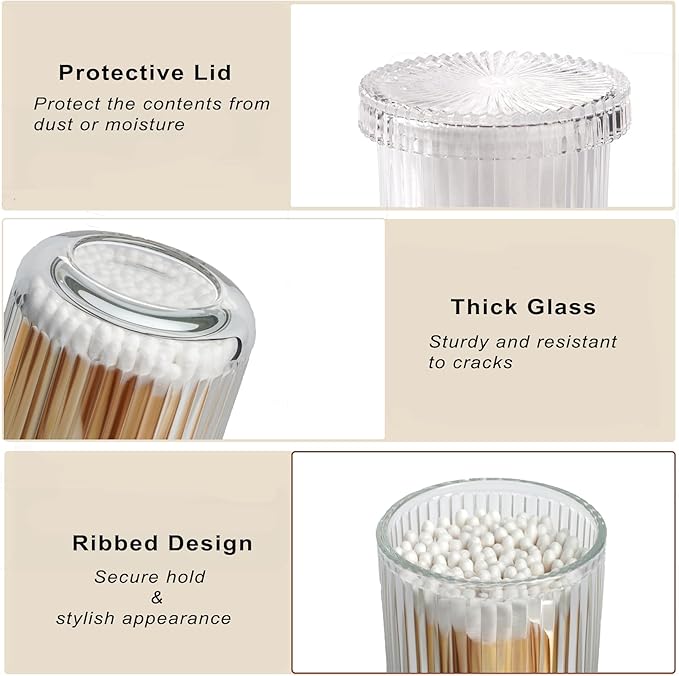 ESEHGS 2 Pack Glass Qtip Holder Dispenser Set - Bathroom Organizer for Cotton Swabs, Balls, Pads, Floss Picks - Clear Apothecary Jars for Vanity, Makeup Storage, Bathroom Accessories Decor (Clear)