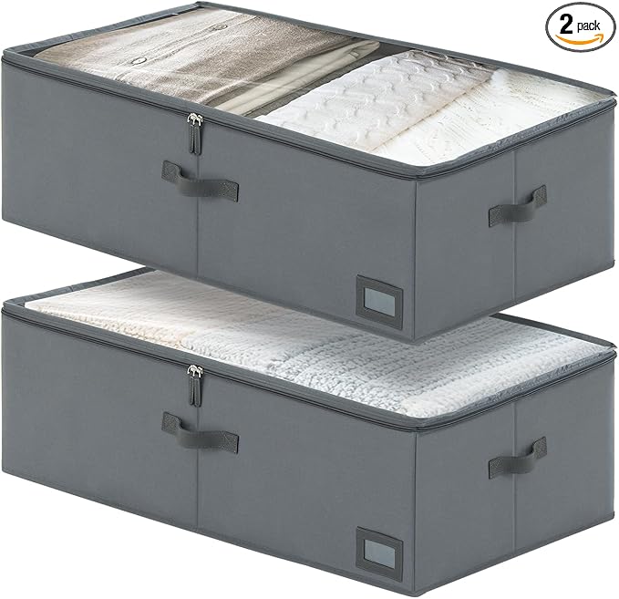 PLUMGEAN 10-Inch Under Bed Storage Containers (2-Pack) | Sturdy Sidewalls | Clear Cover & Label Holder | Foldable Fabric Closet Bin Organizer | Stores Clothing/Blankets/Sweaters/Sheets
