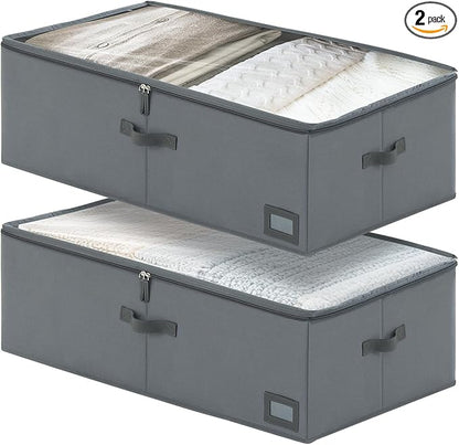 PLUMGEAN 10-Inch Under Bed Storage Containers (2-Pack) | Sturdy Sidewalls | Clear Cover & Label Holder | Foldable Fabric Closet Bin Organizer | Stores Clothing/Blankets/Sweaters/Sheets