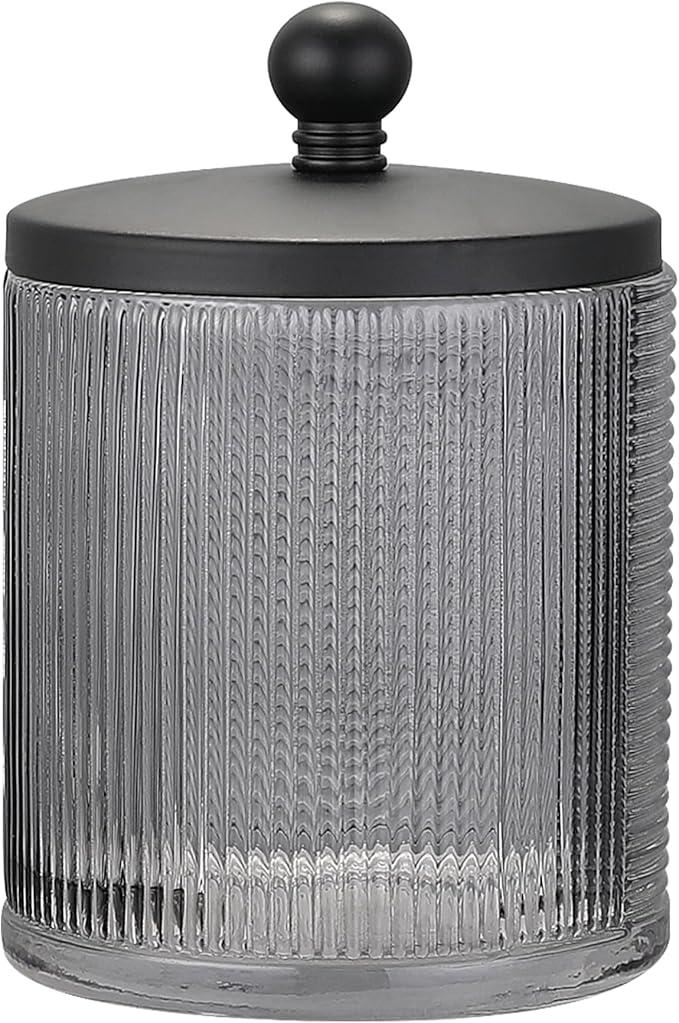 Indecor Home Gray Colored Tranlucent Apothecary Ribbed Geo Etched Glass Jar W/Matte Black Metal Lid Cover for Bathroom Organization, Cotton Balls, Q Tips, and Small Accessories, Bathroom Storage