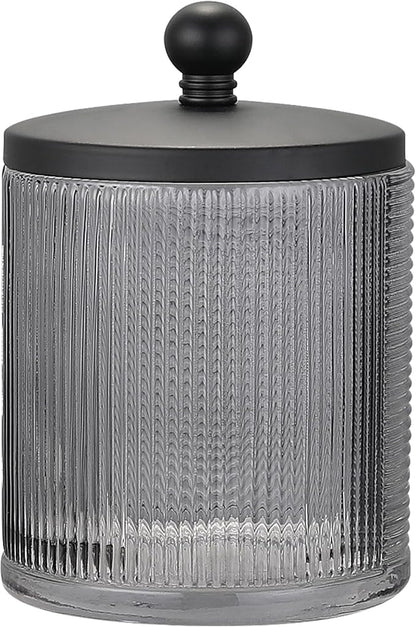 Indecor Home Gray Colored Tranlucent Apothecary Ribbed Geo Etched Glass Jar W/Matte Black Metal Lid Cover for Bathroom Organization, Cotton Balls, Q Tips, and Small Accessories, Bathroom Storage