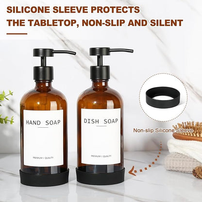 RYTOXILO Amber Glass Soap Dispenser 4 Pack, Hand Soap Dispenser Bathroom with Stainless Steel Pump, 16.9 Fl oz Hand and Dish Soap Dispensers Set Kitchen, Modern Brown Soap Lotion Dispensers Bottle