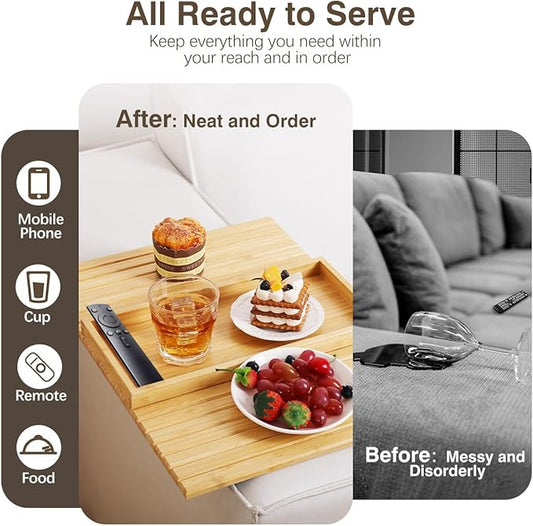 Couch Arm Tray, Bamboo Sofa Tray Table for Couch, Sofa Armrest Table, Anti-Slip Armrest Organizer, Foldable Couch Cup Holder for Snacks, Phone, Control, Cups, Natural