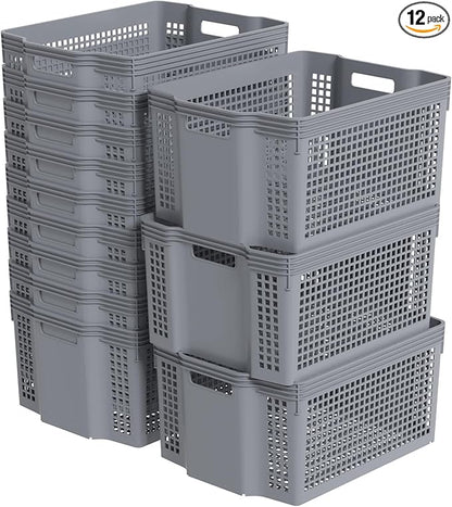 12-Pack Large Plastic Weave Storage Baskets, Stacking Rectangle Storage Basket Bin for Pantries, Kitchens, Cabinets, Bedrooms, Grey