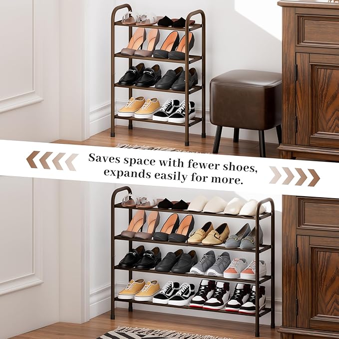 Expandable Shoe Rack, 4-Tier Metal Small Shoe Rack, Adjustable Shoes Organizer, Storage Shelf for Closet, Entryway, Brown