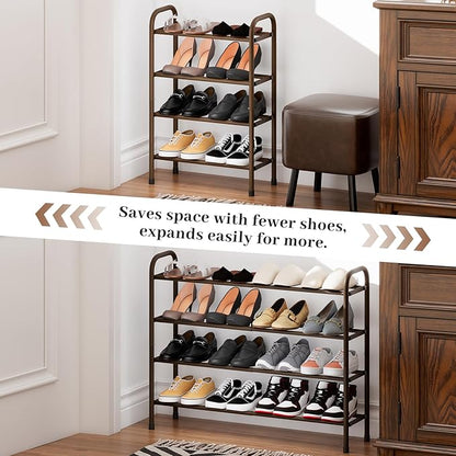 Expandable Shoe Rack, 4-Tier Metal Small Shoe Rack, Adjustable Shoes Organizer, Storage Shelf for Closet, Entryway, Brown