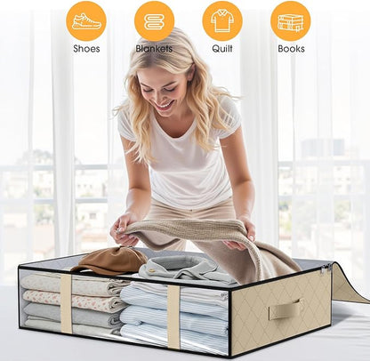 StorageRight Under Bed Storage Bins, 2-Pack 40L Foldable Fabric Storage Bags with Transparent Window, Breathable Organizer for Clothes/Blanket/Comforter/Quilts,Beige