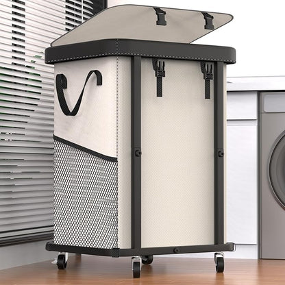 150L (40 Gal) Large Fashion Laundry Basket with Wheels, Leather Patchwork Rolling Hamper Carts, Sturdy Metal Frame, Removable Washable Bag, Tall Clothes Sorter for Bedroom, Laundry Room - Beige