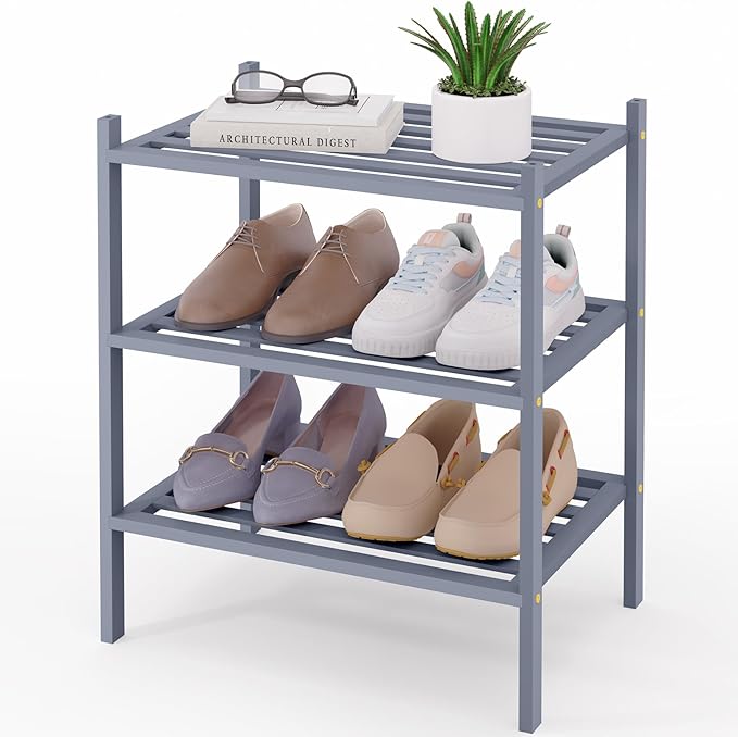 Smiry Small Bamboo Shoe Rack 3-Tier, Stackable Wooden Shoe Organizer for Entryway & Closet, Free Standing Wood Shoe Storage Shelf for Front Door & Small Spaces, Grey