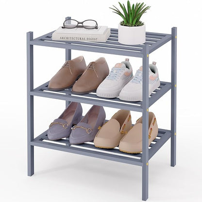 Smiry Small Bamboo Shoe Rack 3-Tier, Stackable Wooden Shoe Organizer for Entryway & Closet, Free Standing Wood Shoe Storage Shelf for Front Door & Small Spaces, Grey