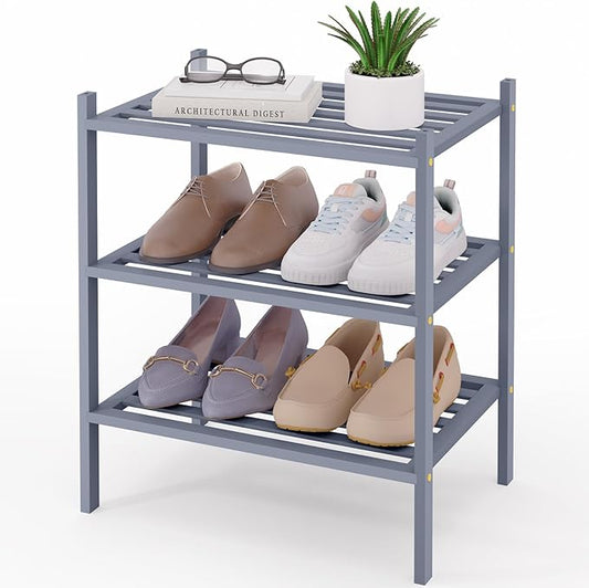 Smiry Small Bamboo Shoe Rack 3-Tier, Stackable Wooden Shoe Organizer for Entryway & Closet, Free Standing Wood Shoe Storage Shelf for Front Door & Small Spaces, Grey