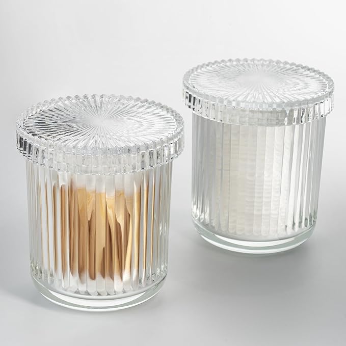 MKOSAB 2 Pack Glass Qtip Holder Dispenser - Bathroom Organizers and Storage, Clear Apothecary Jars Set, Bathroom Essentials Accessories Decor, Vanity Makeup Storage Organizer (Clear)