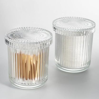 MKOSAB 2 Pack Glass Qtip Holder Dispenser - Bathroom Organizers and Storage, Clear Apothecary Jars Set, Bathroom Essentials Accessories Decor, Vanity Makeup Storage Organizer (Clear)